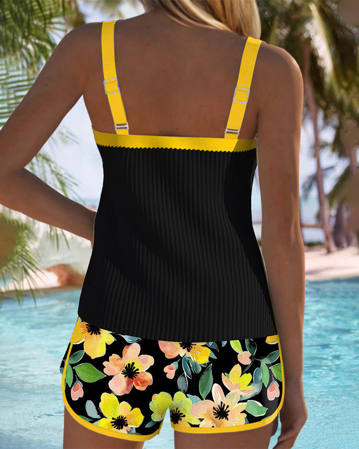 Adjustable strap tankini top and matching bottom, offering flattering tummy control.