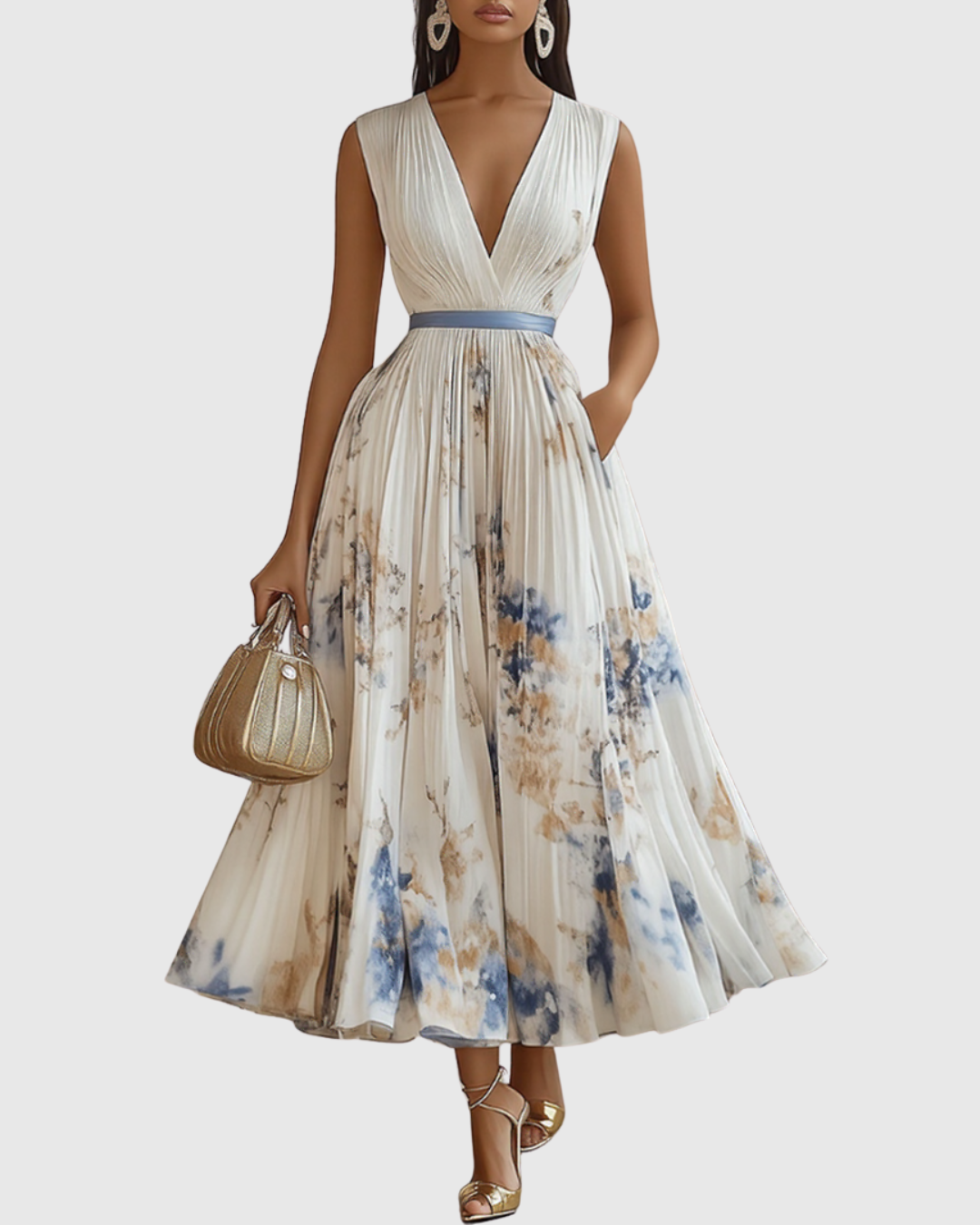 Women's flattering V-neck A-line midi dress, perfect for summer casual or elegant occasions.