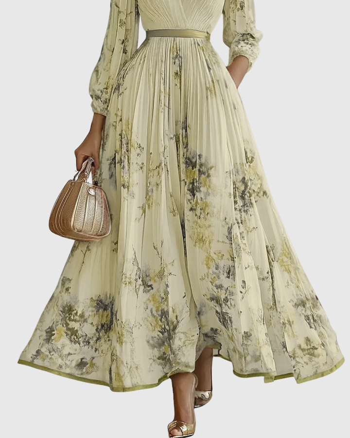 Pleated V-neck A-line midi dress for women, combining elegance with casual summer comfort.