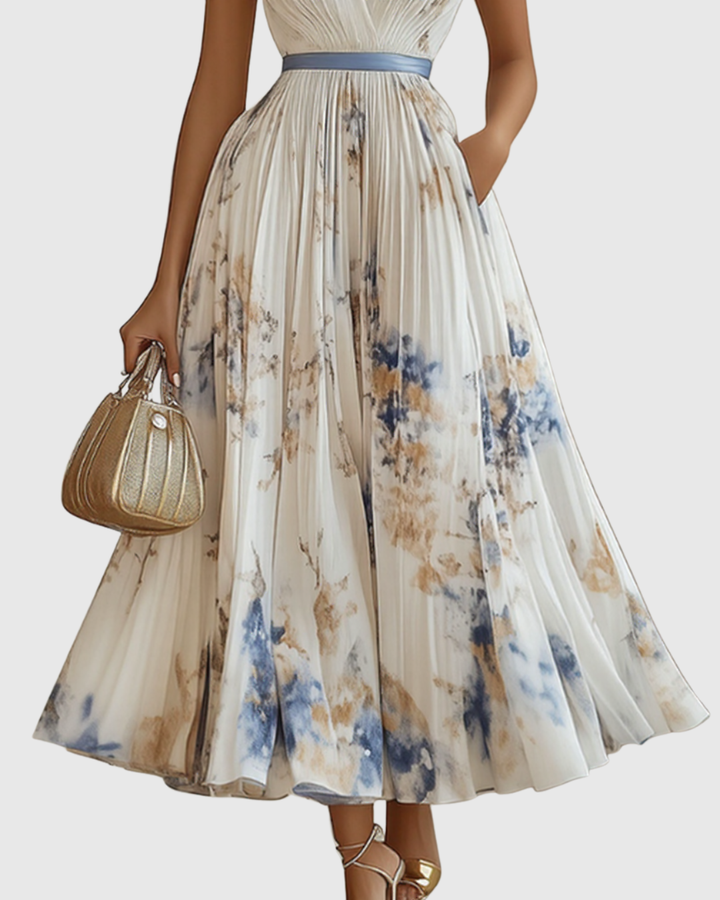 Elegant women's V-neck A-line midi dress with pleats, showcasing flattering summer fashion.