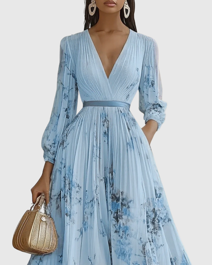 Stylish V-neck A-line pleated midi dress for women, a versatile piece for elegant summer fashion.