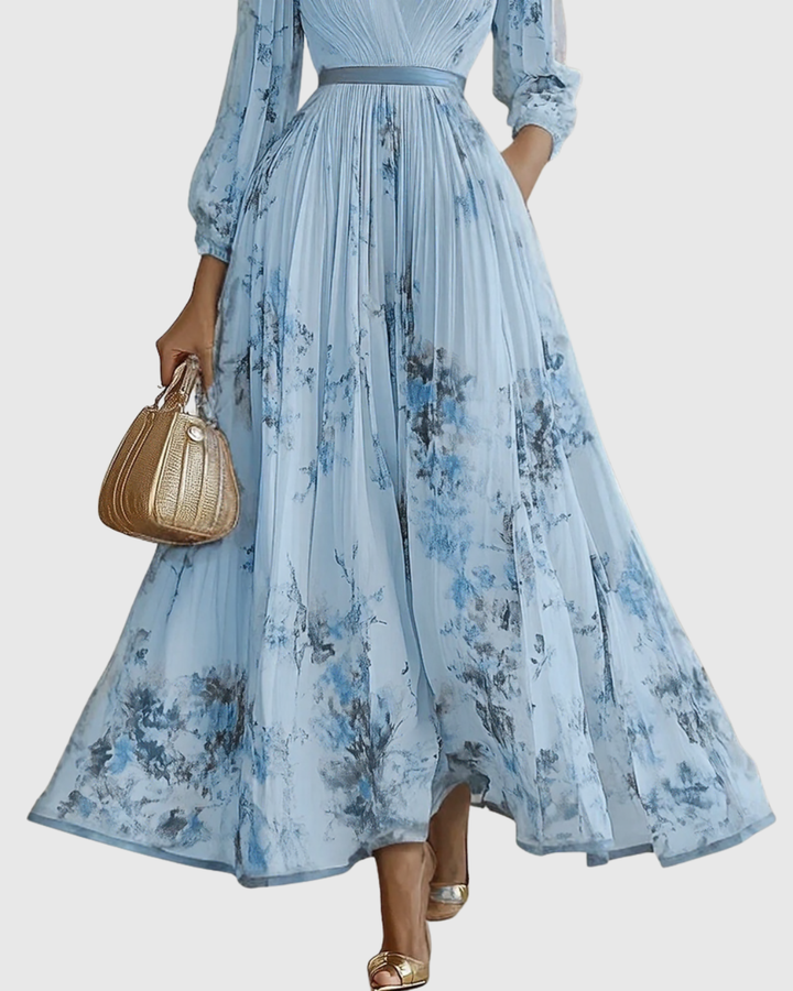 Women's elegant V-neck midi dress, A-line style with pleats, perfect for a sophisticated look.