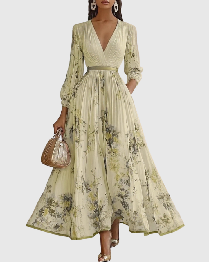 Summer casual V-neck A-line midi dress for women, offering a flattering and comfortable fit.