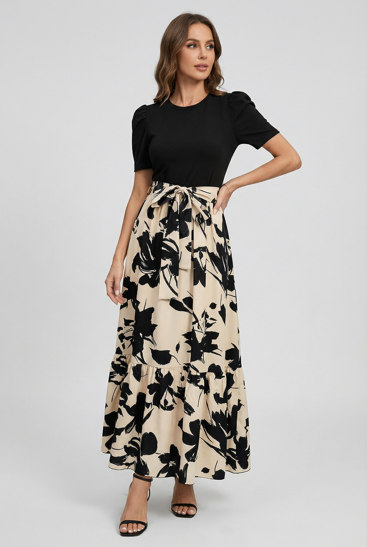 Women's floral a-line maxi dress with short sleeves, perfect for summer parties.