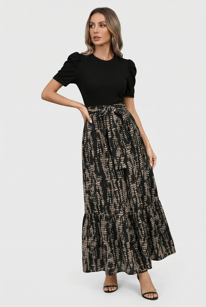 Short sleeve a-line maxi dress in a vibrant floral pattern for women.