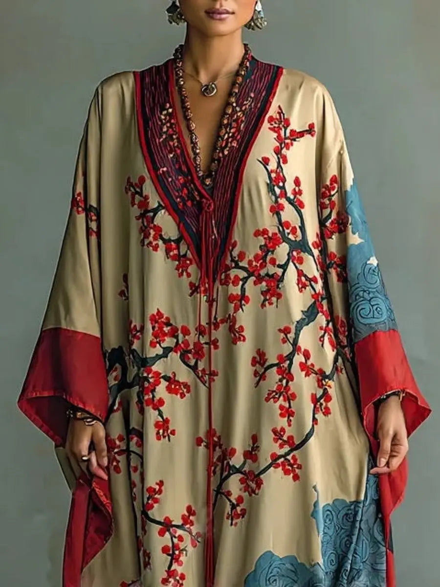 Boho chic women's maxi dress with batwing sleeves & V-neck, featuring a beautiful floral print, doubles as a beach cover-up.