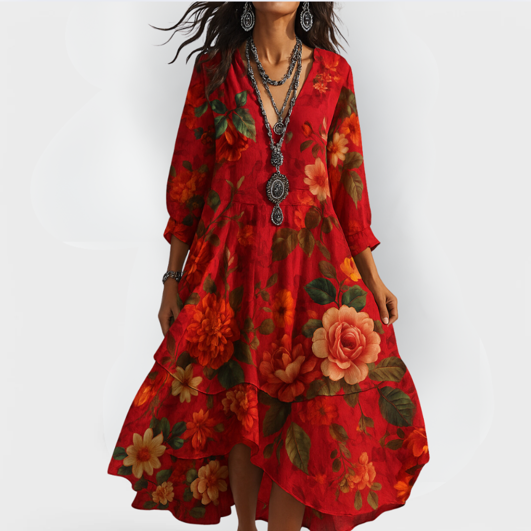Comfortable women's floral maxi dress for summer vacations. Bohemian style with a vibrant print, ideal for casual wear.