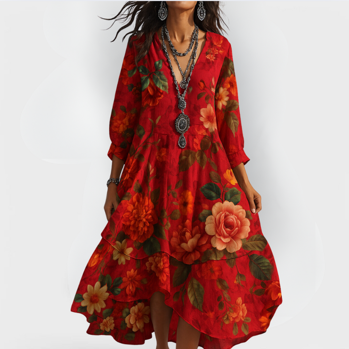 Comfortable women's floral maxi dress for summer vacations. Bohemian style with a vibrant print, ideal for casual wear.