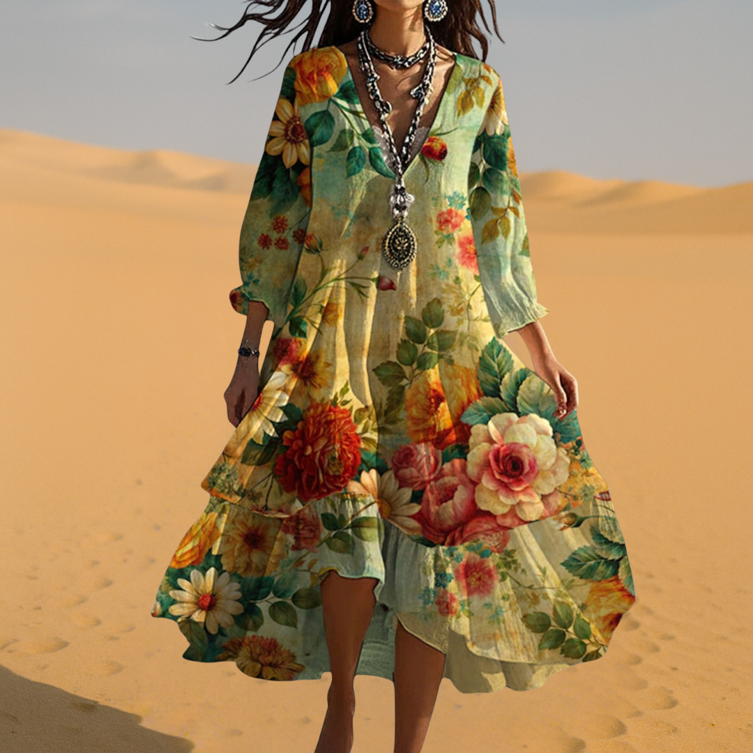 Elegant women's floral print maxi dress in a bohemian style. Flowy summer dress, suitable for parties or casual outings.
