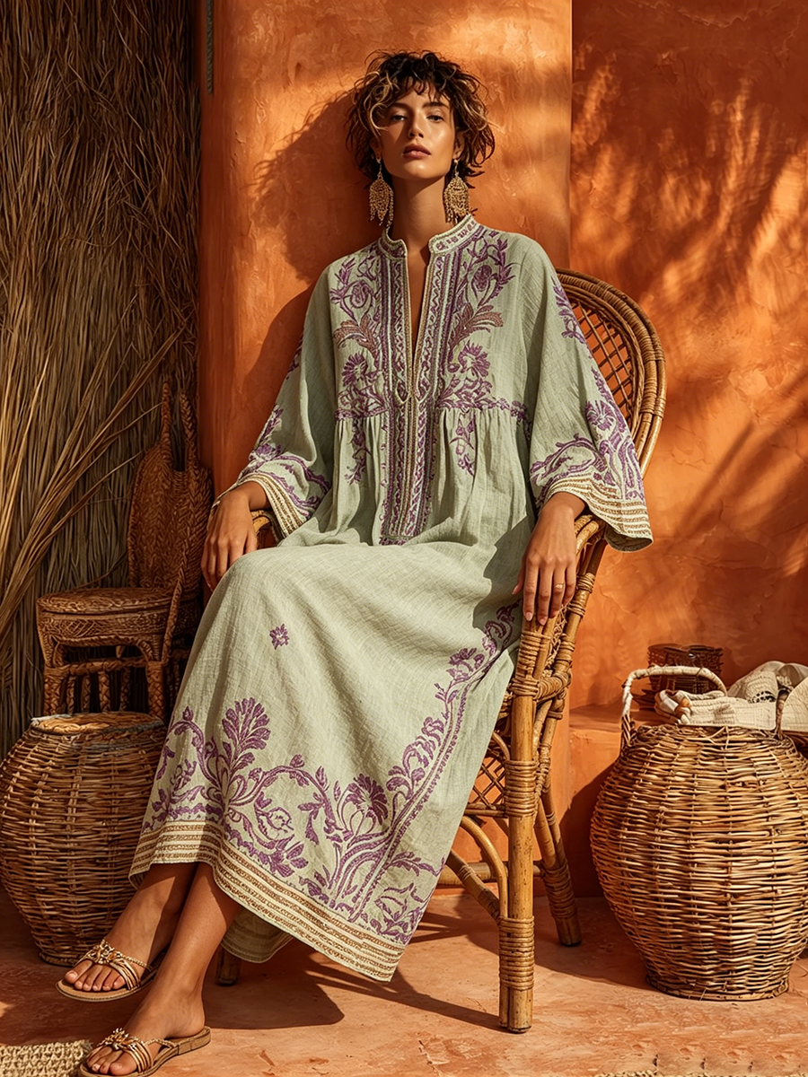 Relaxed fit women's floral maxi dress, long sleeve, mandarin collar, ideal casual summer bohemian outfit.