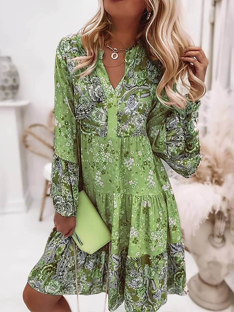 Elegant women's boho mini dress with vibrant floral print, ideal for casual summer outings and vacations.
