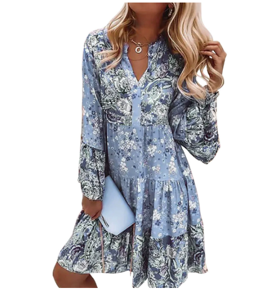 Stylish floral print boho mini dress for women, offering a relaxed and elegant look for summer.