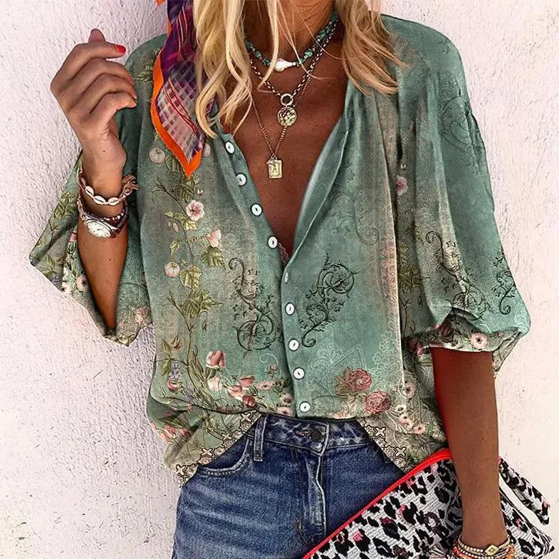 Women's floral boho print V-neck blouse with 3/4 sleeves, perfect for casual spring & summer style.