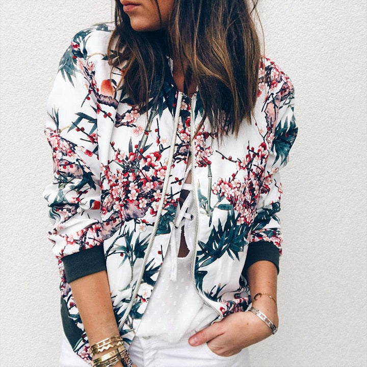 Lightweight women's floral bomber jacket, versatile casual layer for spring & fall. Stylish zip front design.