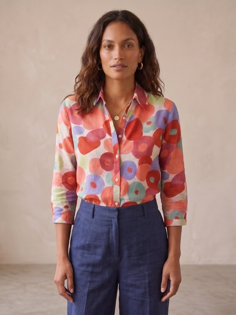 Versatile women's long-sleeve floral button-down blouse. A casual yet elegant fashion top for spring & summer.
