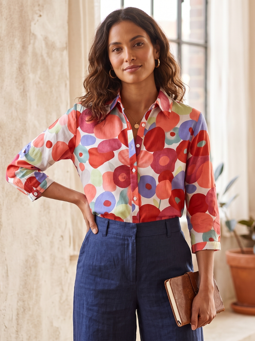 Chic women's floral print long-sleeve button-down blouse. Effortless style for elegant spring and summer wear.