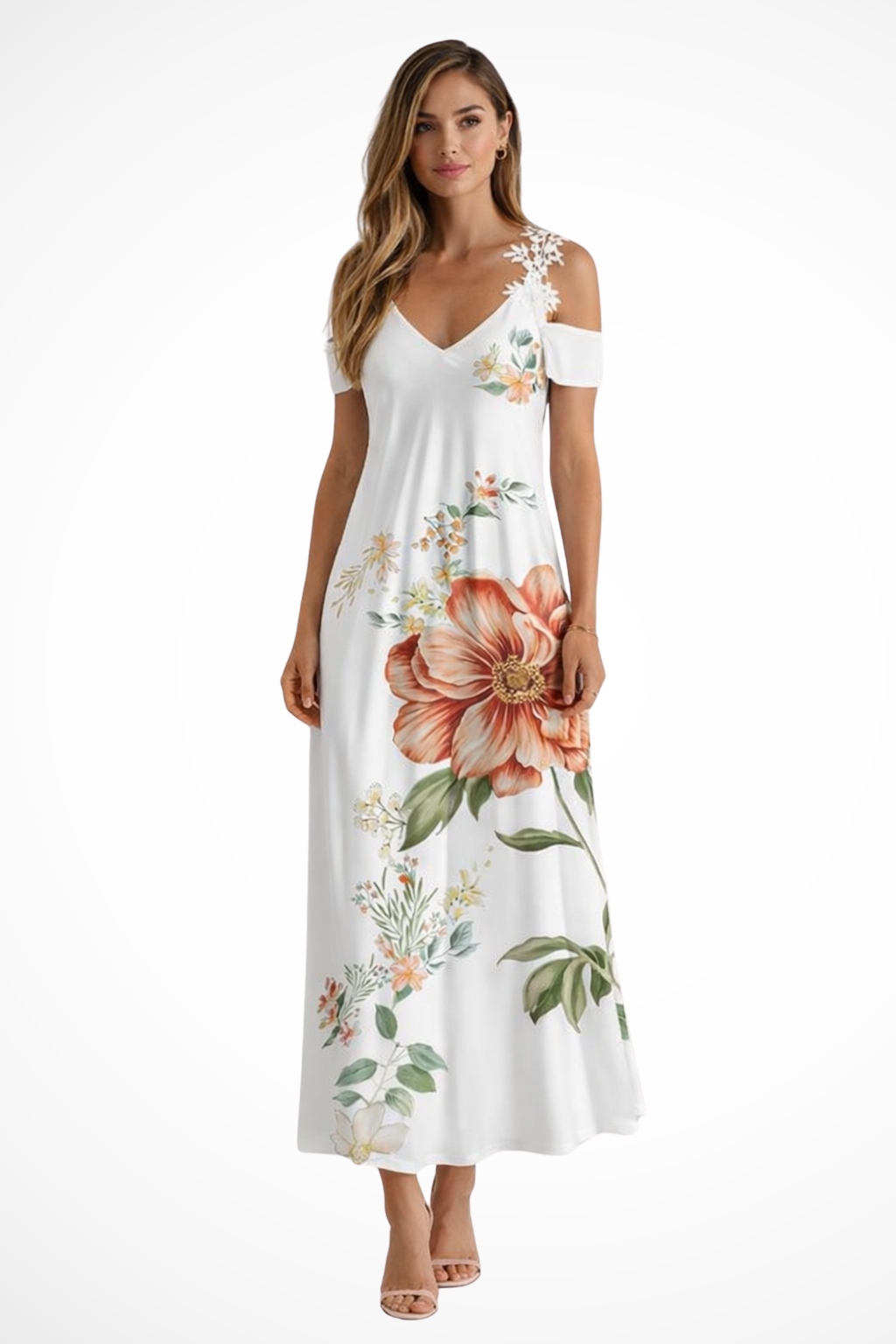 Women's Floral Cold Shoulder Summer Maxi Dress, elegant V-neck bohemian style.