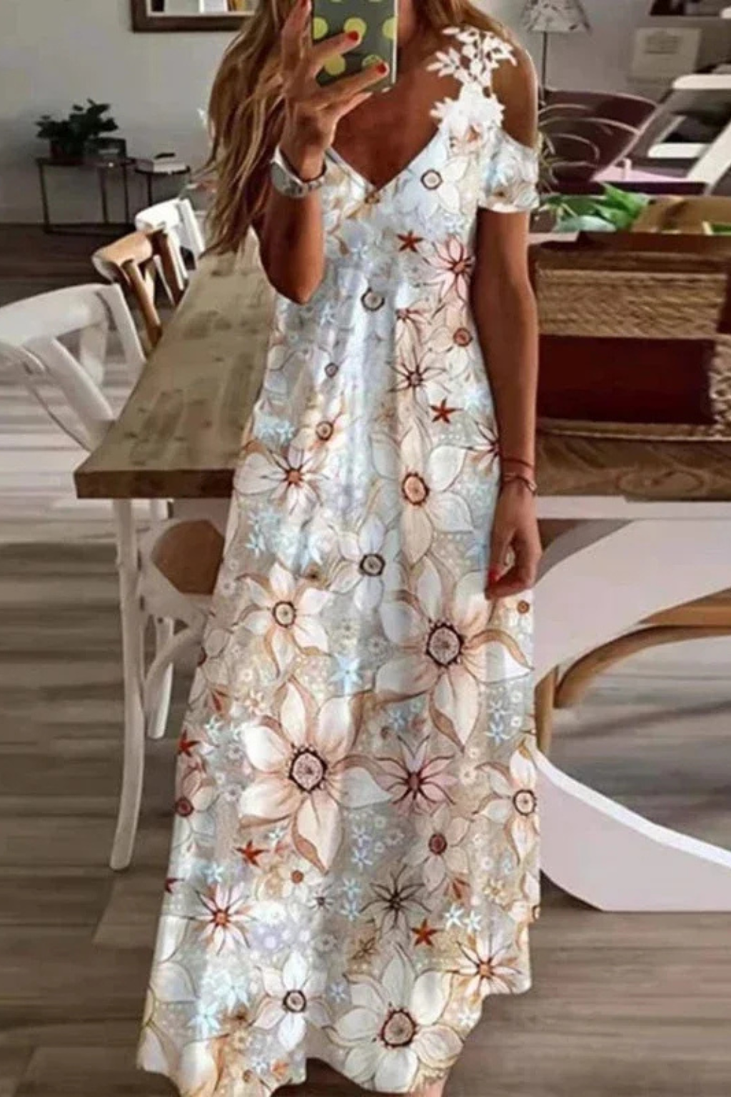 Delicate floral print cold shoulder V-neck maxi dress, perfect for women's summer fashion.