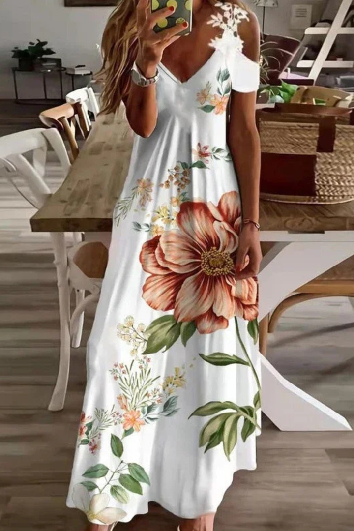 Bohemian floral cold shoulder maxi dress for women, perfect for summer casual wear.