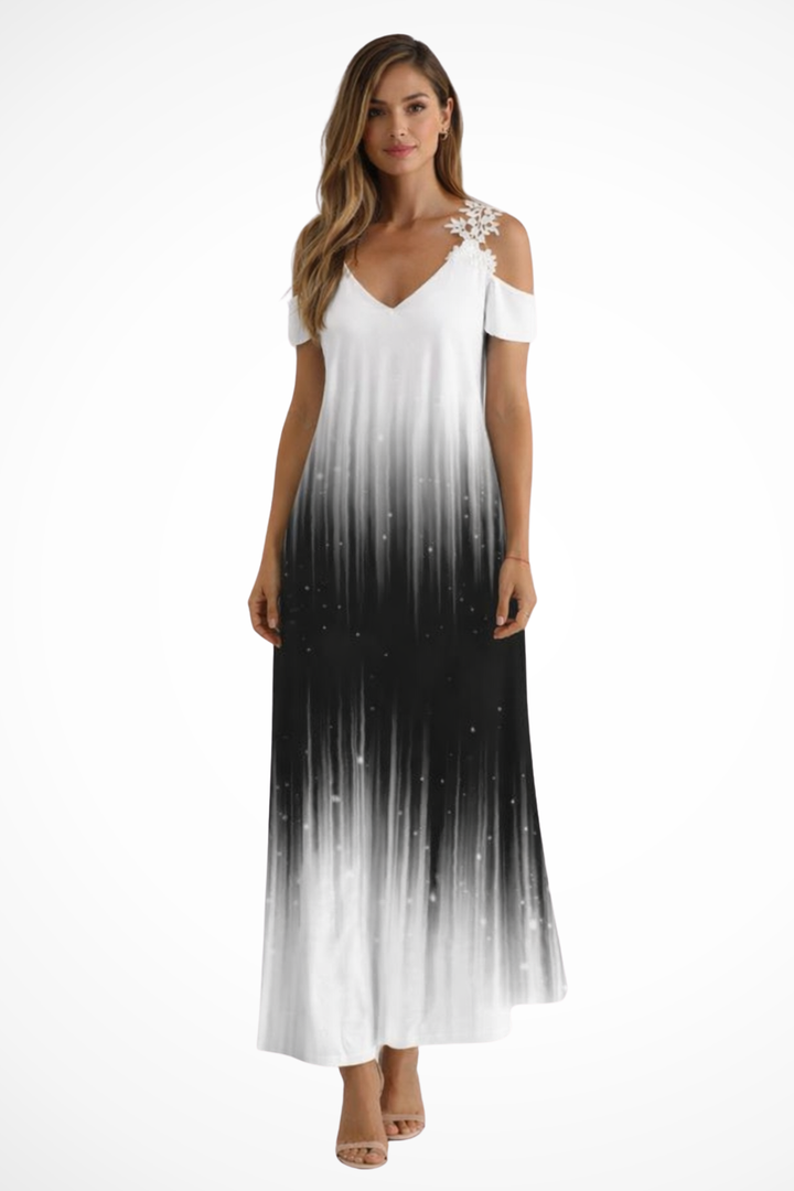 V-neck cold shoulder floral maxi dress, vibrant pattern ideal for women's summer fashion.