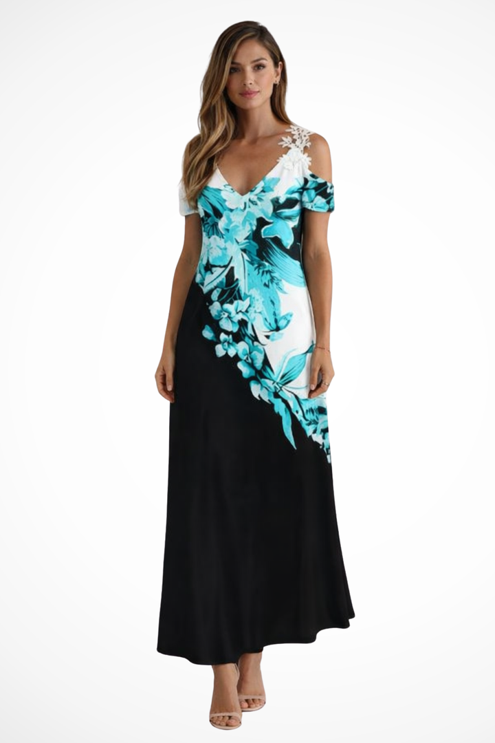 Vibrant floral print cold shoulder maxi dress, stylish and comfortable summer fashion choice.