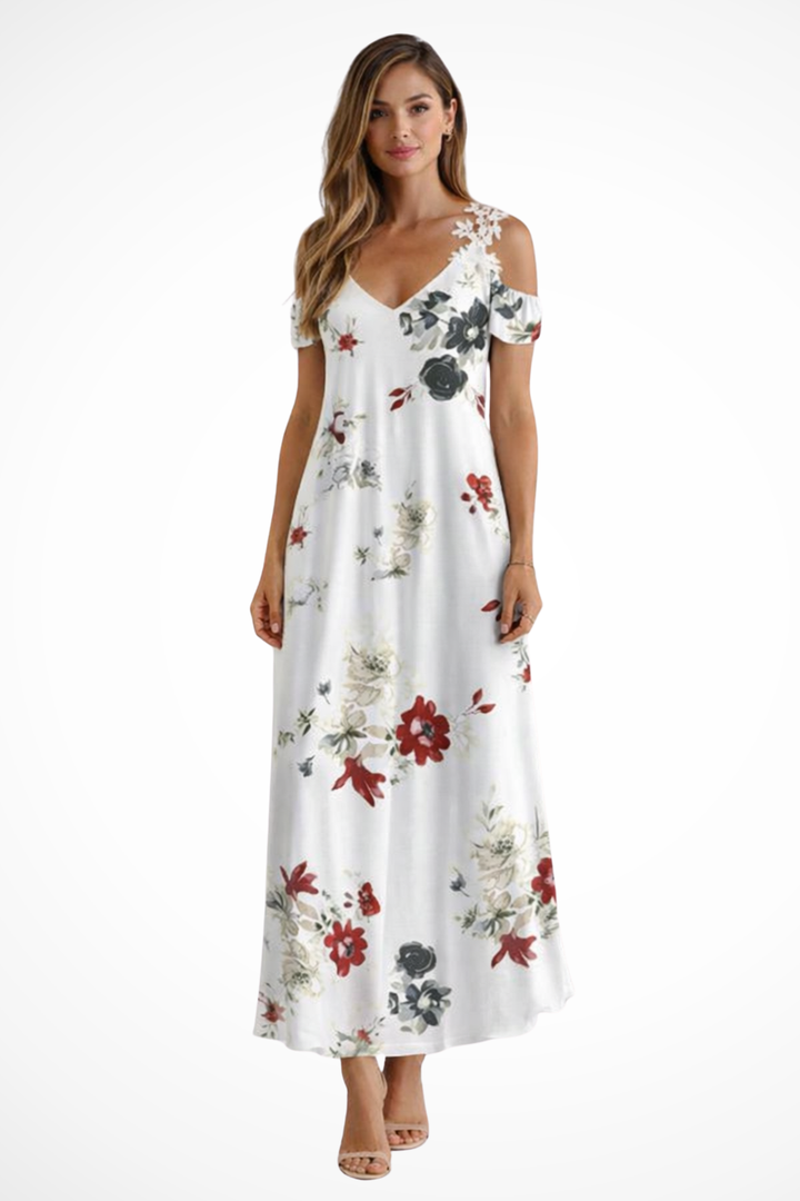 Women's V-neck cold shoulder floral maxi dress, a chic bohemian summer casual outfit.