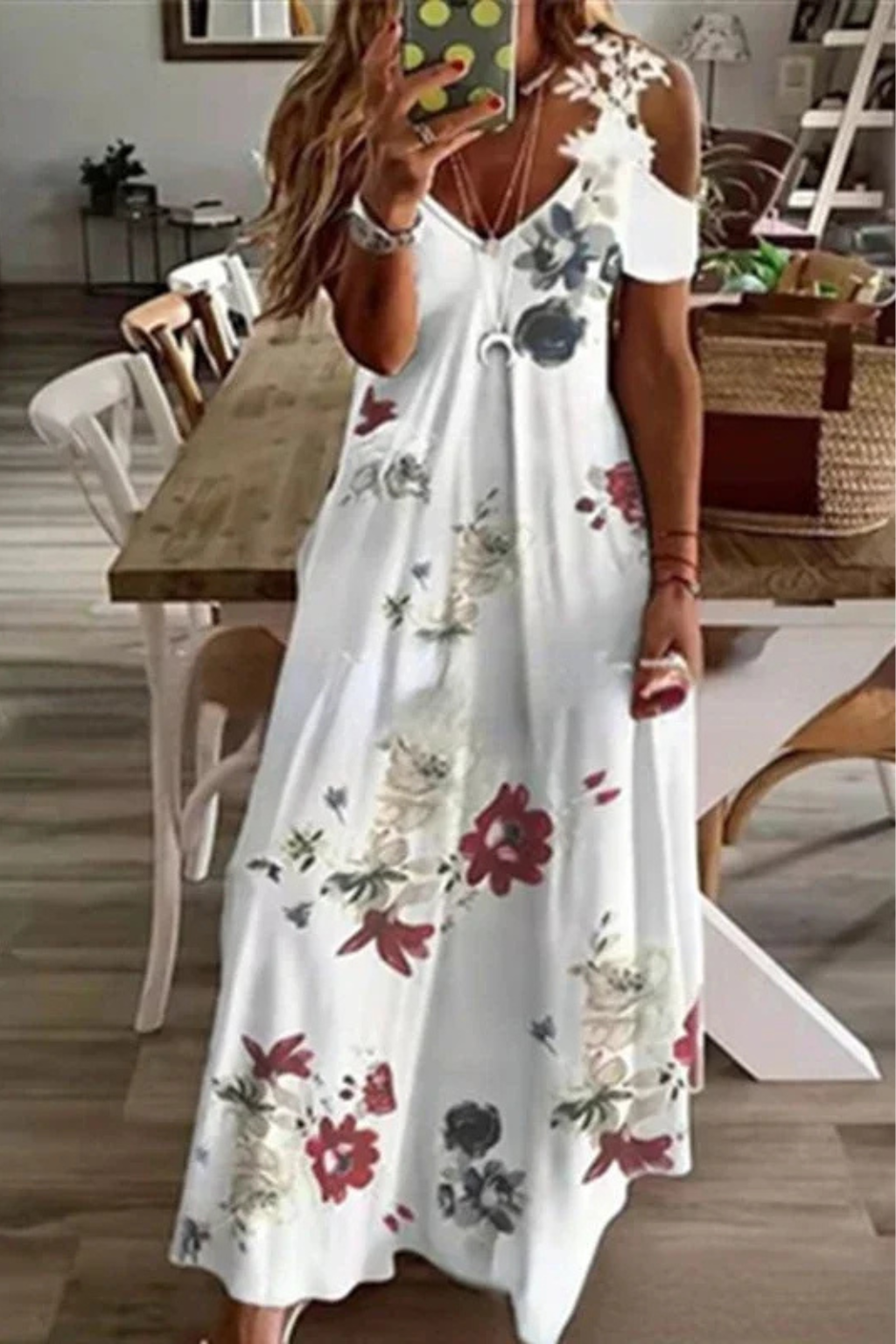 Comfortable & stylish floral cold shoulder summer maxi dress for women, V-neck design.