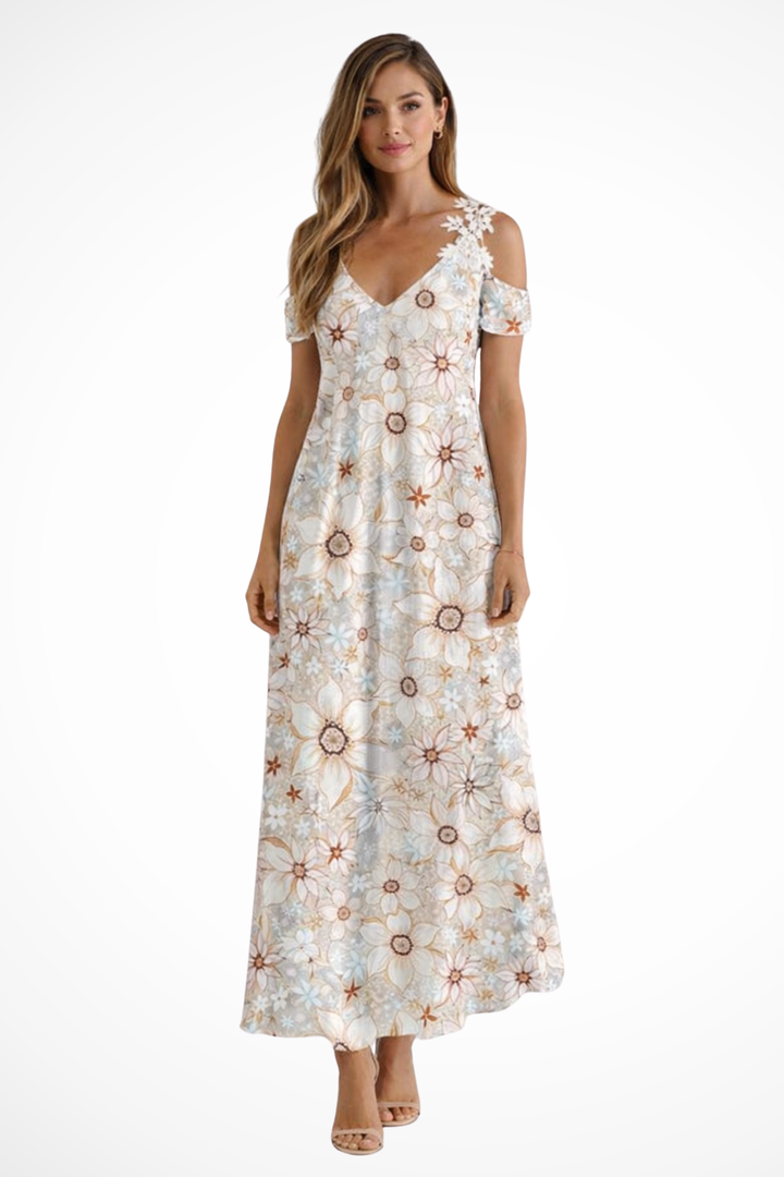 Front view of women's floral cold shoulder maxi dress, elegant & breezy summer wear.