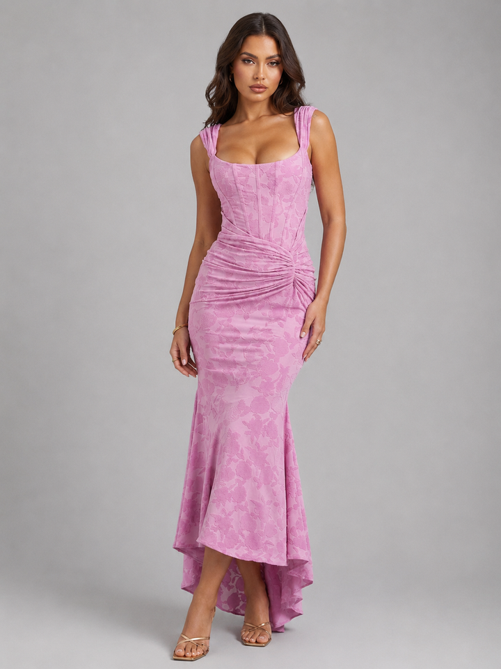 Women's floral corset maxi dress with an elegant asymmetrical hem, perfect for summer parties & casual wear.
