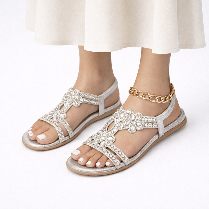 Casual elegant women's floral sandals with crystal detail. Comfortable summer shoes, ideal for vacation & beach.