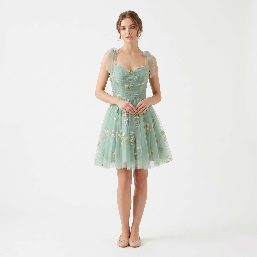 Elegant sleeveless mini dress for special occasions, adorned with beautiful floral embroidery and a stylish layered skirt.