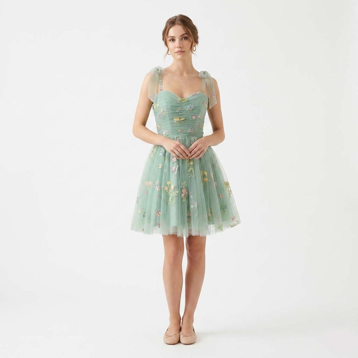 Elegant sleeveless mini dress for special occasions, adorned with beautiful floral embroidery and a stylish layered skirt.