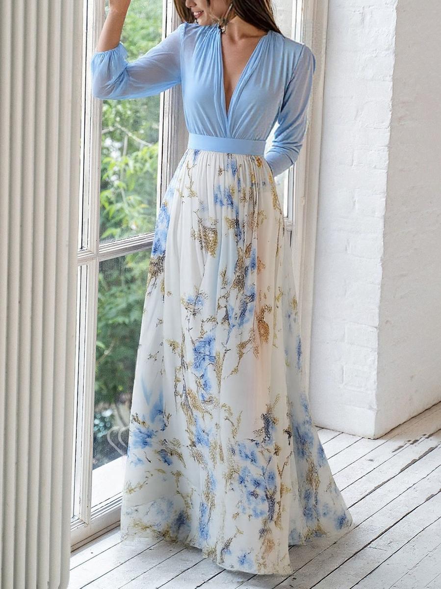 Elegant V-neck floral maxi dress for women, a comfortable and versatile printed dress for day or evening wear.