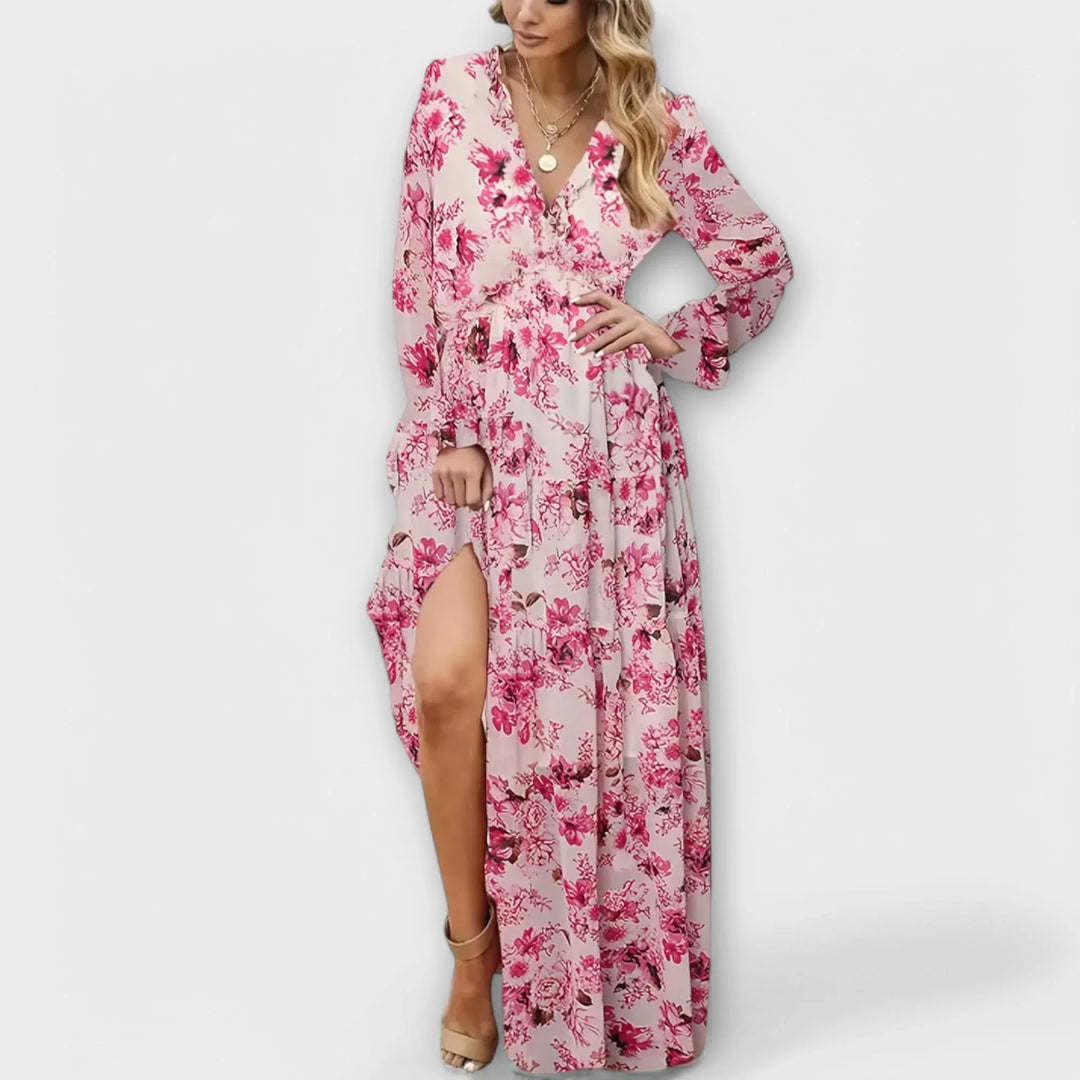 Comfortable women's floral maxi dress, V-neck & tiered skirt. Versatile for casual outings or elegant events.