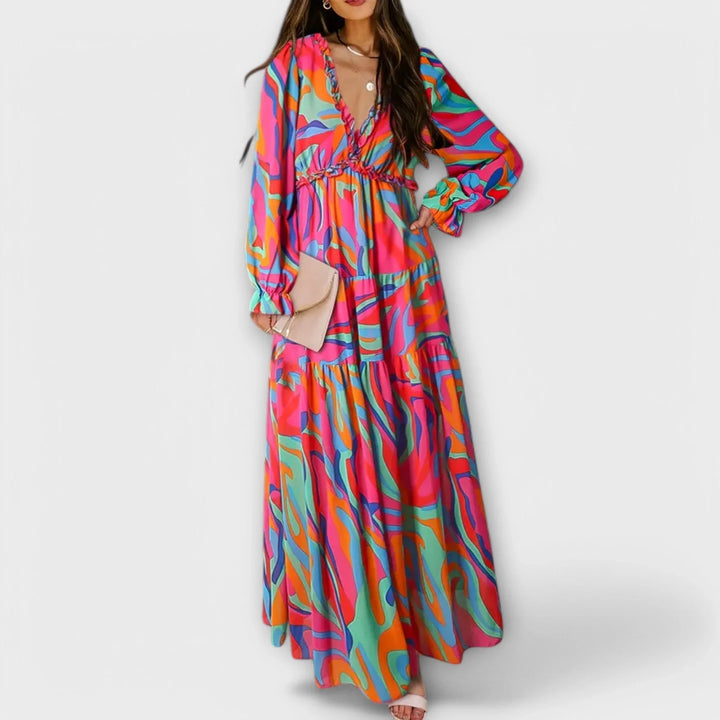 Versatile women's floral maxi dress with V-neck & tiered skirt. Great for day, evening, or casual wear.