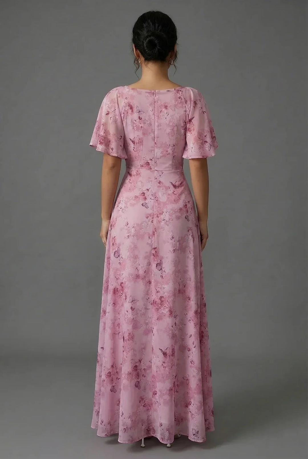 Summer wedding guest floral maxi dress with flutter sleeves. Perfect for formal and special occasion parties.