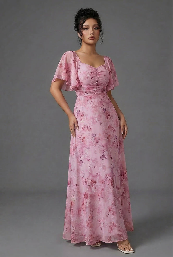 Beautiful women's floral print maxi dress with flutter sleeves and a sweetheart neckline for formal events.