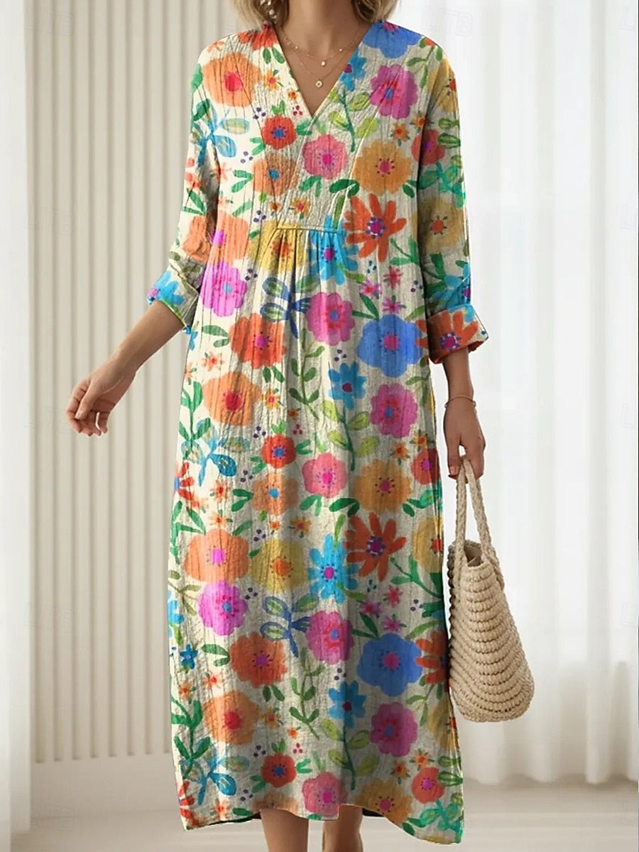 Women's floral midi comfort dress with pockets. Perfect for everyday casual summer wear, loose fit and versatile style.