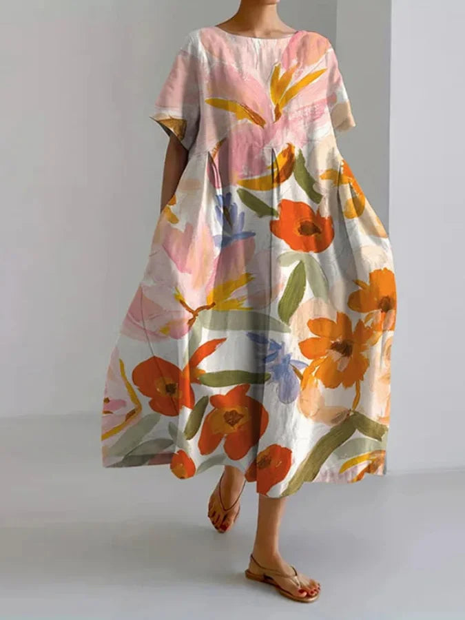 Women's floral midi dress, relaxed fit, boat neck, short sleeve. Elegant summer vacation or casual everyday style.