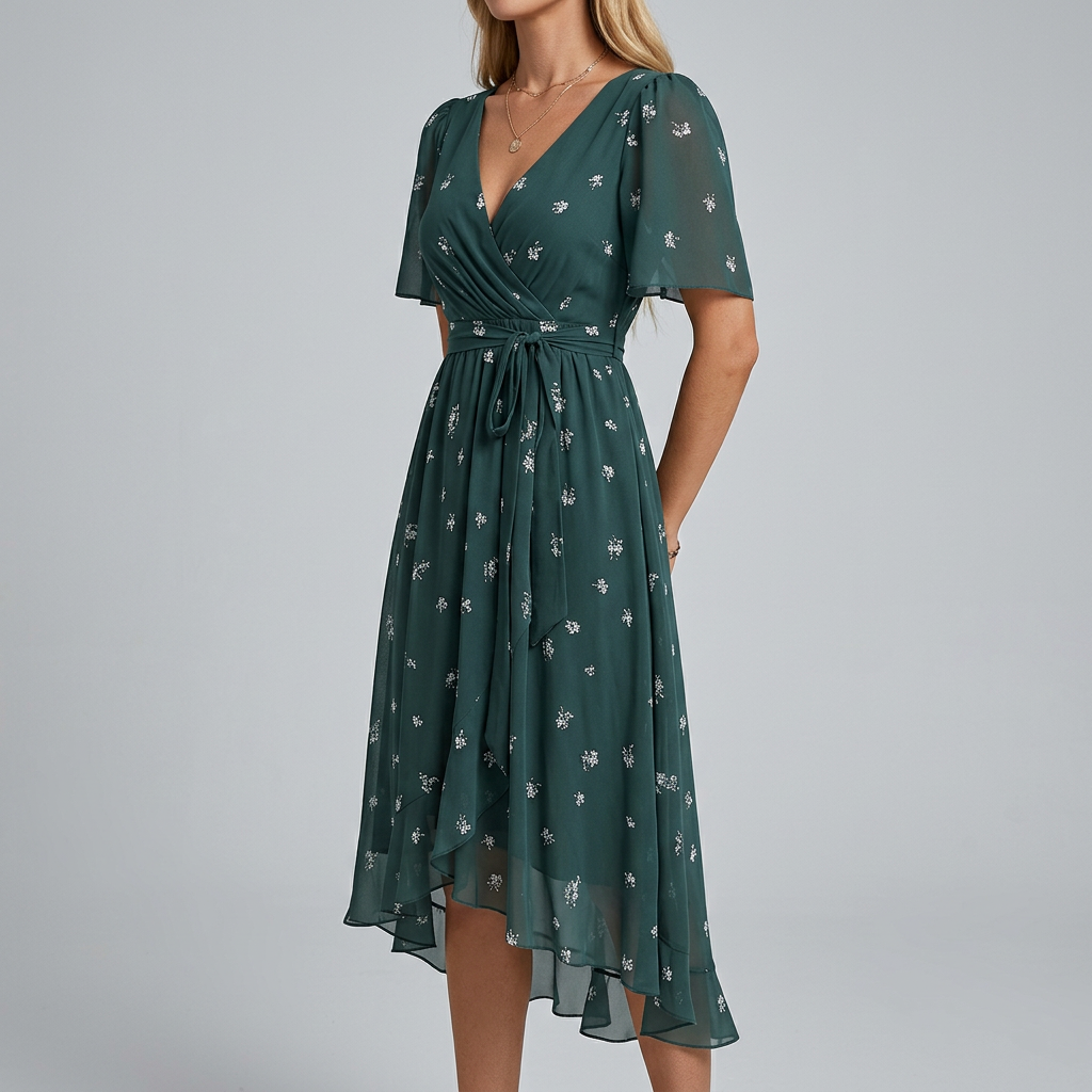 Women's floral midi dress with delicate flutter sleeves & adjustable waist. Perfect for elegant summer casual wear.