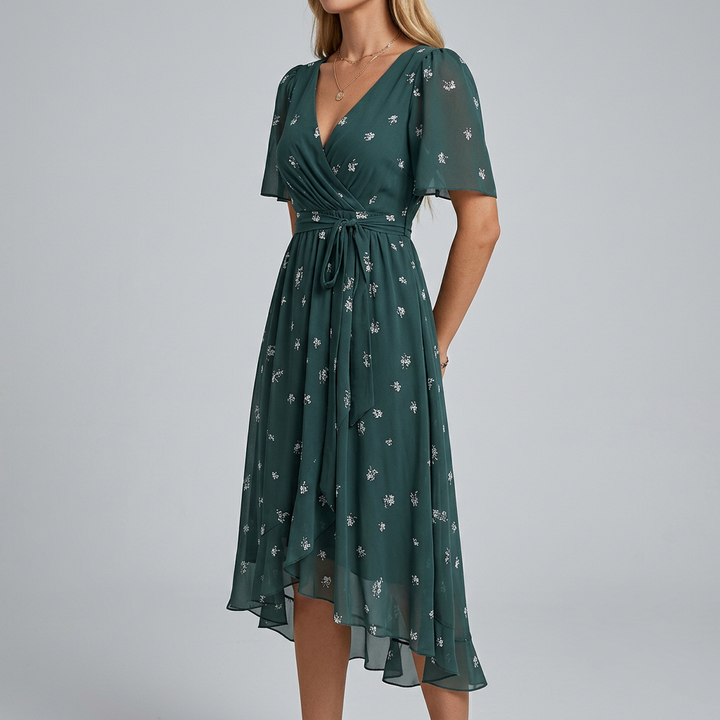 Women's floral midi dress with delicate flutter sleeves & adjustable waist. Perfect for elegant summer casual wear.