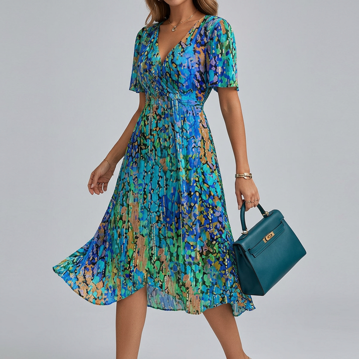 Vibrant floral print midi dress for women, featuring flowy fabric, flutter sleeves, and an adjustable waist.