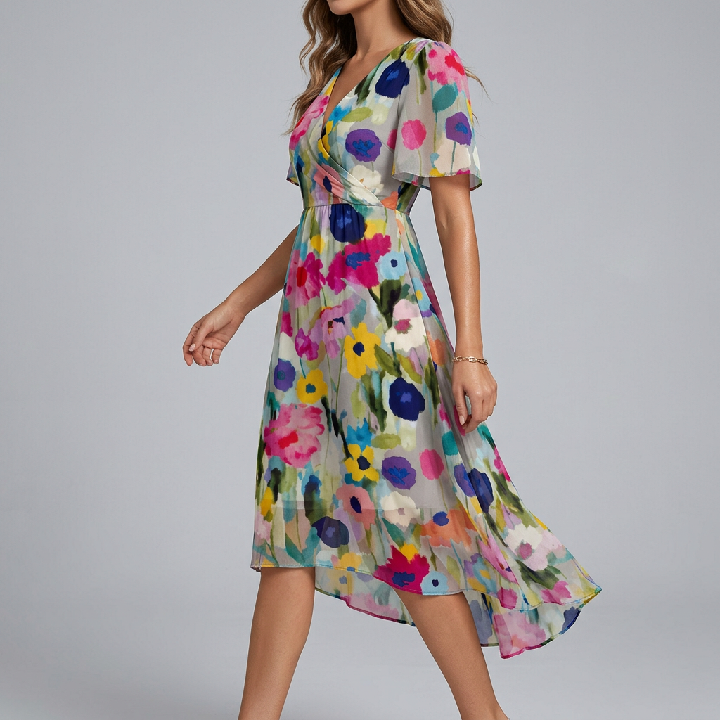 Elegant women's floral midi sundress with comfortable flutter sleeves and adjustable waist for summer fashion.