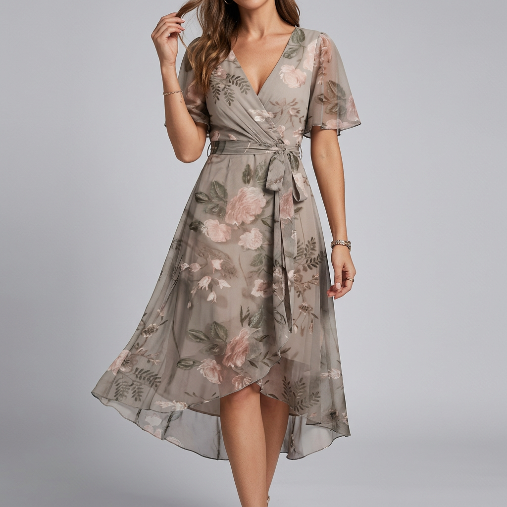 Women's vibrant floral midi dress, designed with chic flutter sleeves & an adjustable waist for a flattering summer look.
