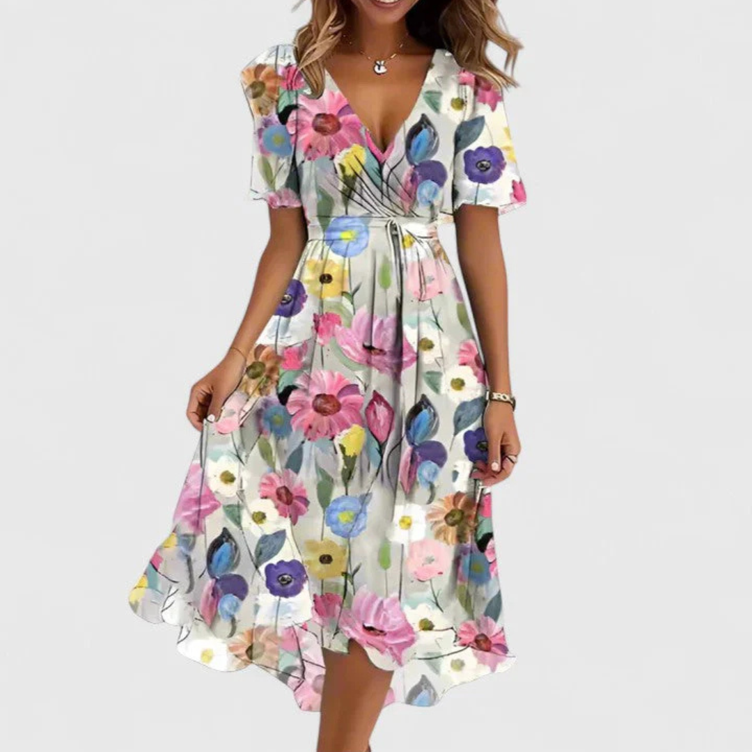 Elegant women's floral midi dress, V-neck, short sleeves. Ideal for summer parties, vacation, or spring casual wear.