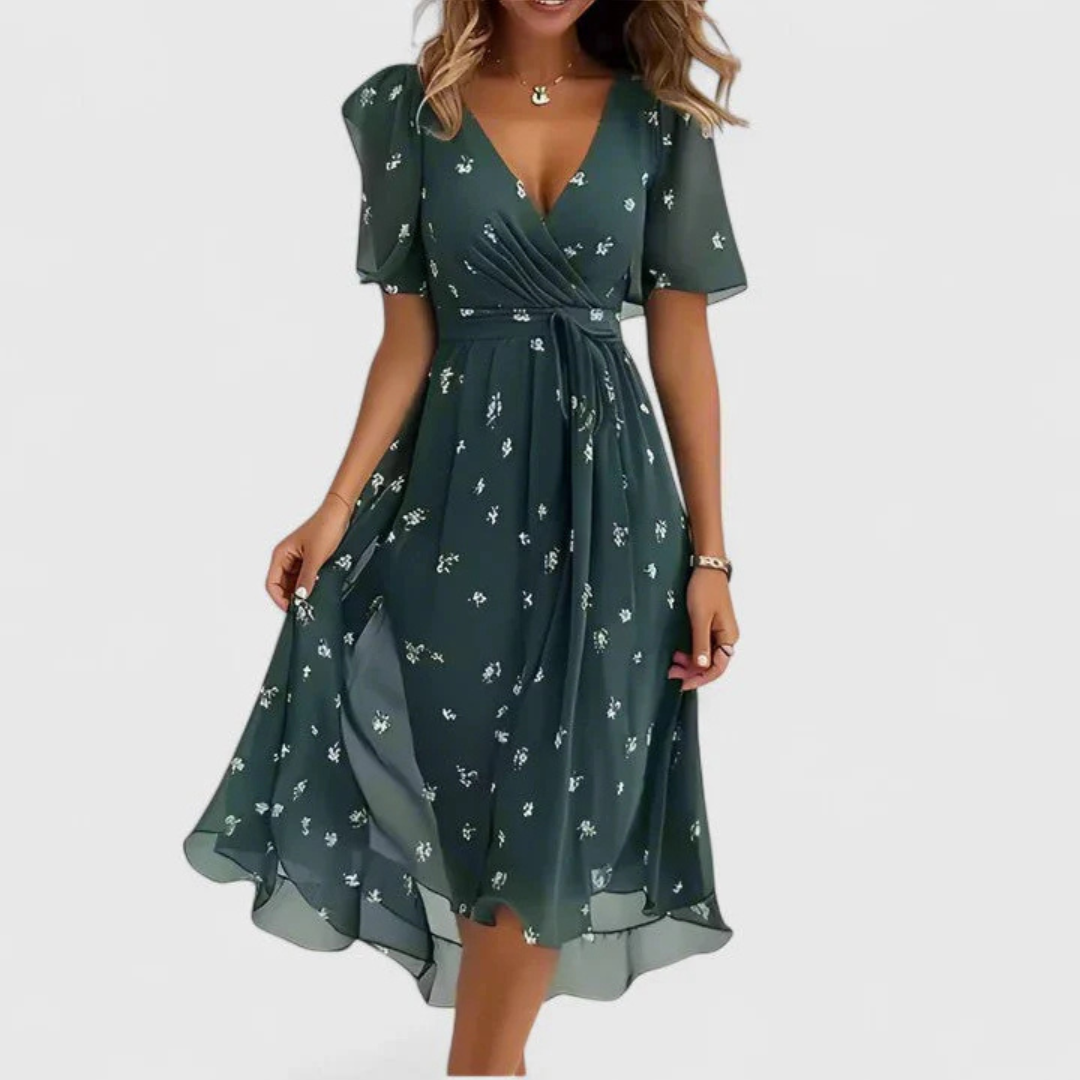 Feminine floral midi dress for women, V-neck, short sleeves. Comfortable summer/spring fashion, great for any event.