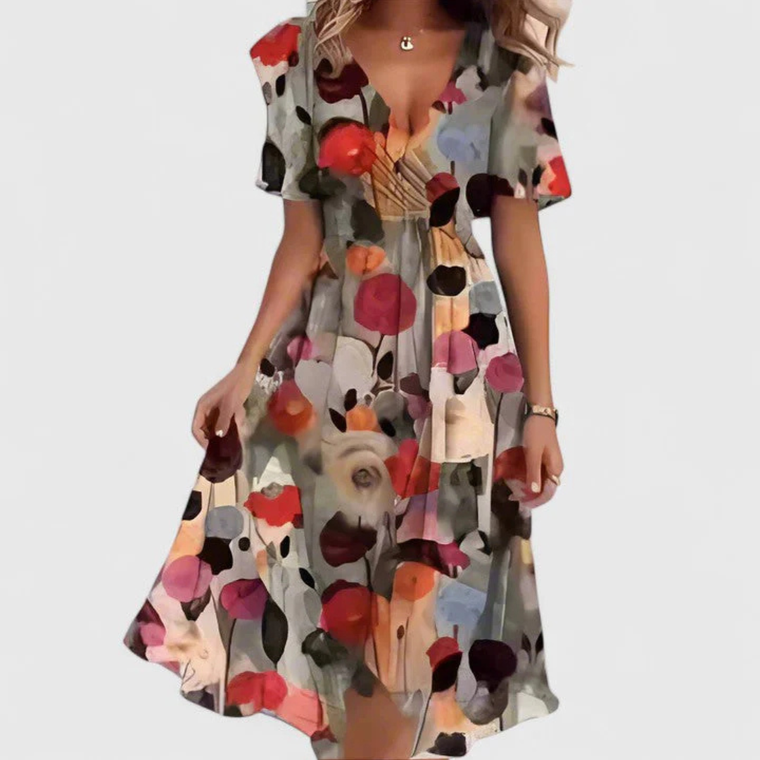 Beautiful women's floral midi dress, V-neck, short sleeves. A must-have for elegant spring & summer vacation outfits.