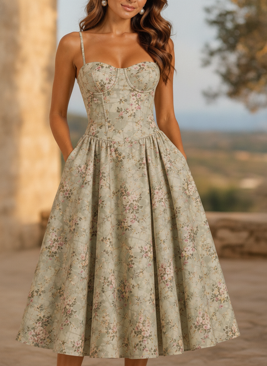 Women's floral midi wedding guest dress with corset detail, perfect for elegant occasions.