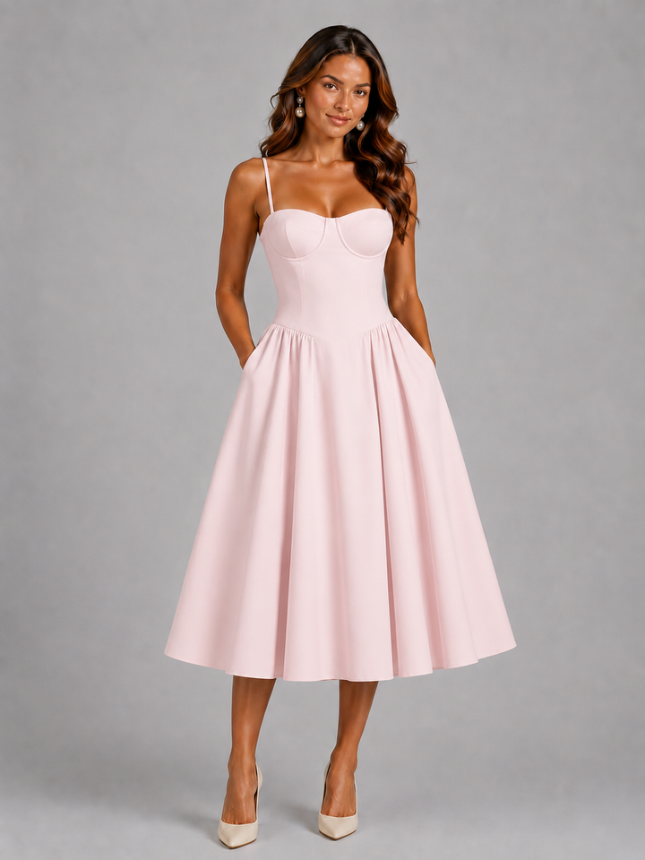 Feminine floral midi wedding guest dress with corset detail, perfect for special evening wear.