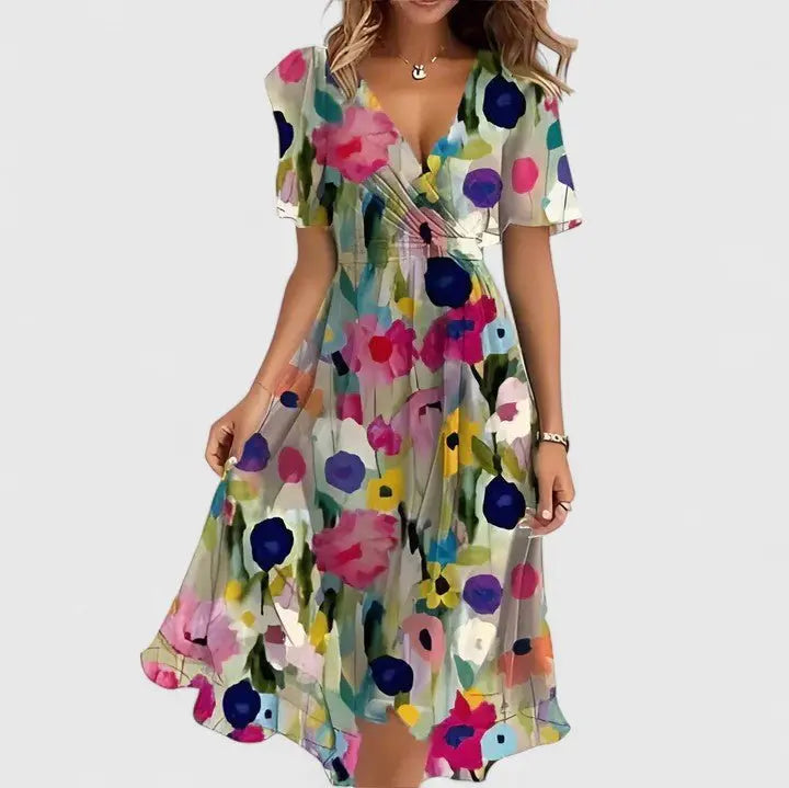 Elegant women's floral midi wrap dress, v-neck, flutter sleeves. Ideal summer or occasion dress.